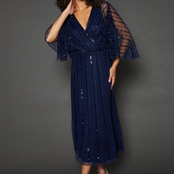 Womens Occasion Embellished Sequin Cape Midi Dress