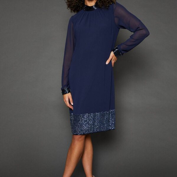 Womens Occasion Hand Embellished Sequin High Neck Shift Dress