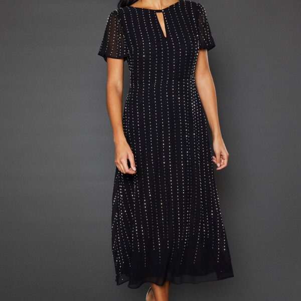 Womens Occasion Hand Embellished Sequin Cowl Midi Dress