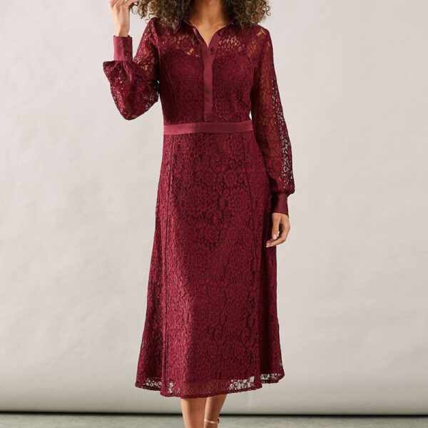 Womens Occasion Lace Collared Midi Dress