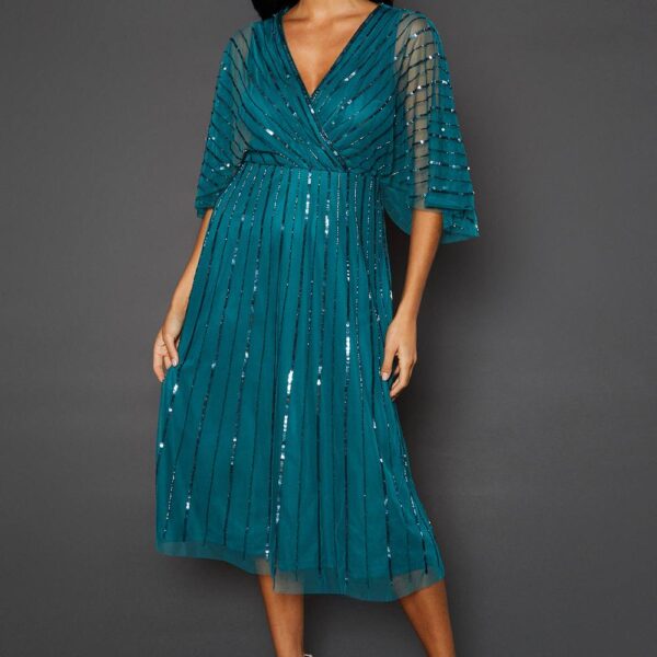 Womens Petite Occasion Embellished Sequin Cape Midi Dress