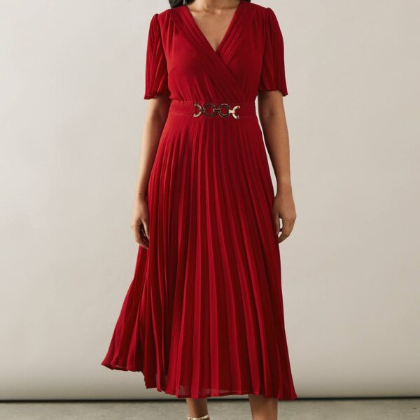 Womens Petite Occasion Buckle Wrap Pleated Midi Dress