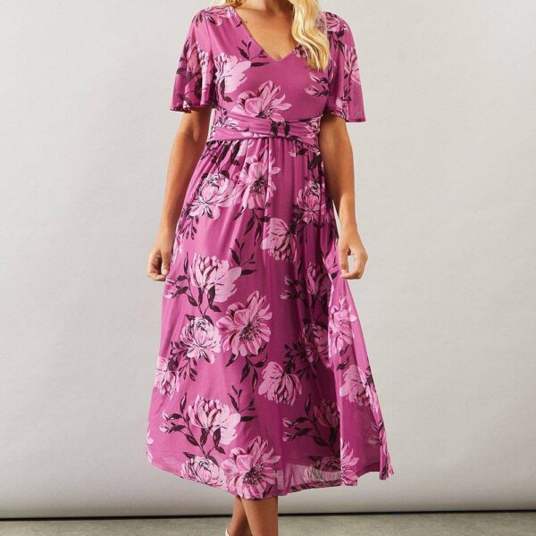 Womens Petite Floral Mesh Wrap Waist Midi Dress