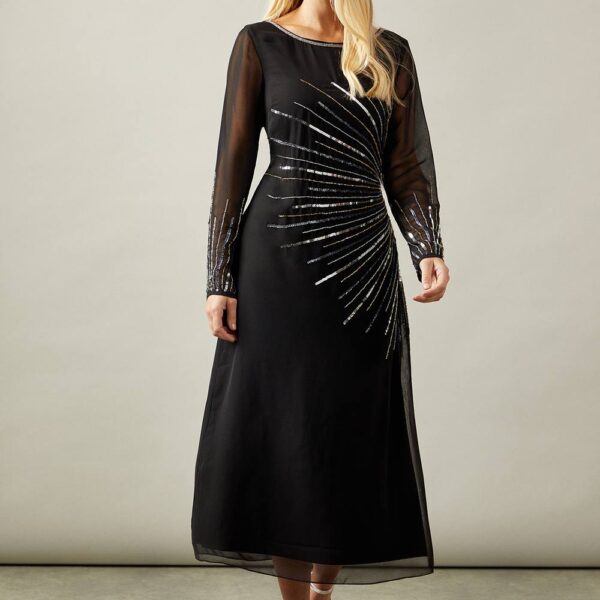 Womens Petite Occasion Embellished Sequin Long Sleeve Midi Dress
