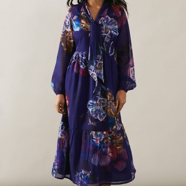 Womens Petite Printed Tie Neck Tiered Maxi Dress