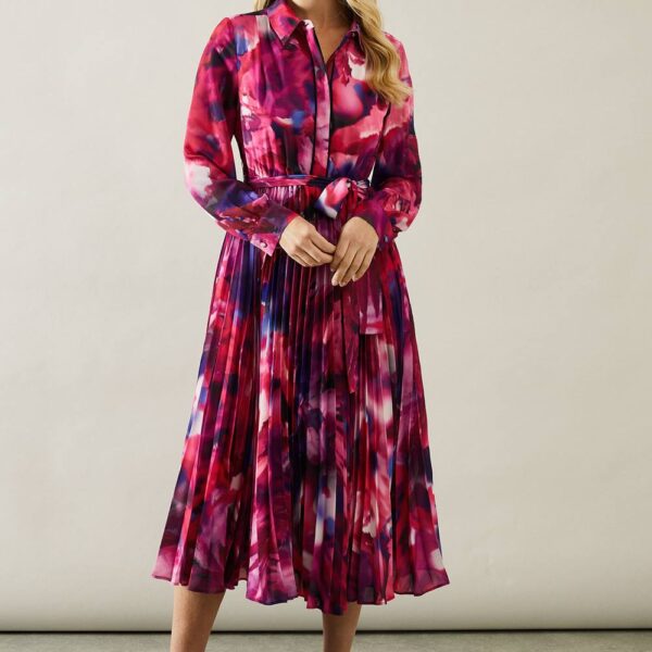 Womens Petite Abstract Print Pleated Shirt Midi Dress