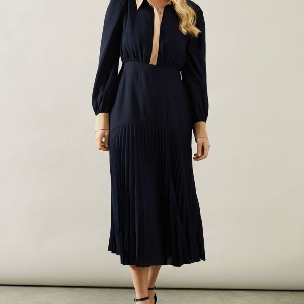 Womens Petite Contrast Collar Pleated Shirt Midi Dress