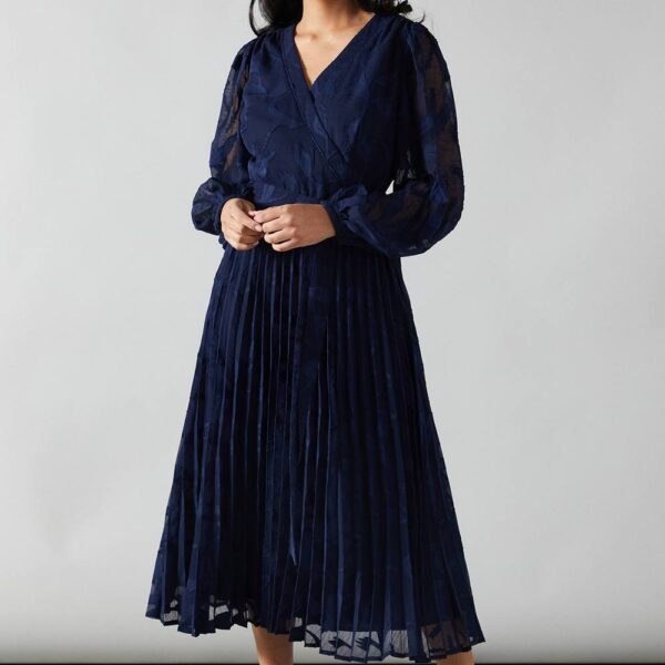 Womens Petite Georgette Jacquard Blouson Sleeve Wrap Dress
