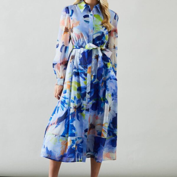 Womens Petite Floral Print Organza Shirt Midi Dress