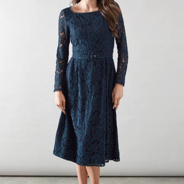 Womens Lace Square Neck Belted Dress