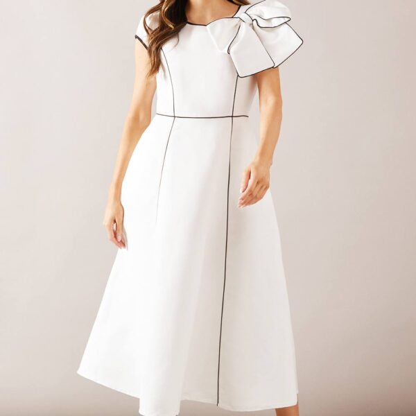 Womens Structured Twill Satin Piped Midaxi Dress