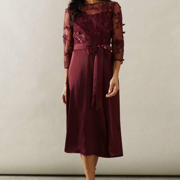 Womens Occasion Satin And Mesh Overlay Fit And Flare Dress