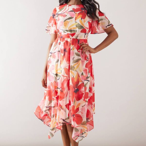 Womens Floral Twist Front Chiffon Midi Dress