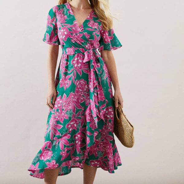 Womens Petite Floral Ruffle Wrap Belted Midi Dress