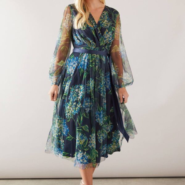 Womens Petite Floral Mesh Satin Tie Midi Dress