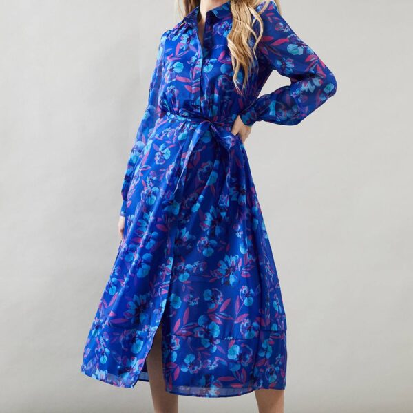 Womens Floral Organza Shirt Midi Dress