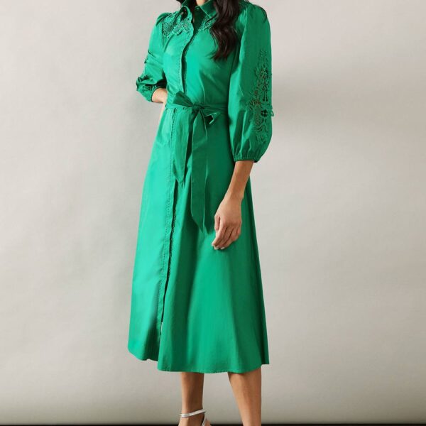 Womens Cotton Cutwork Detail Shirt Midi Dress