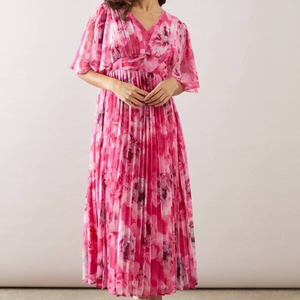 Womens Petite Floral Pleated Cape Sleeve Midi Dress
