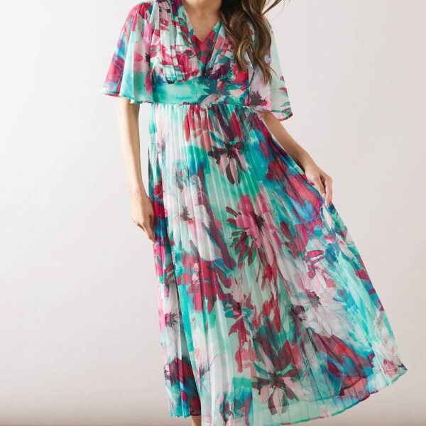 Womens Abstract Print Pleated Cape Sleeve Midi Dress