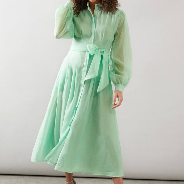 Womens Floral Print Textured Organza Midi Shirt Dress