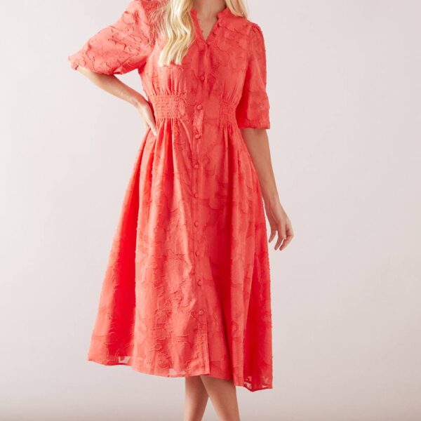 Womens Petite Floral Jacquard Button Midi Dress