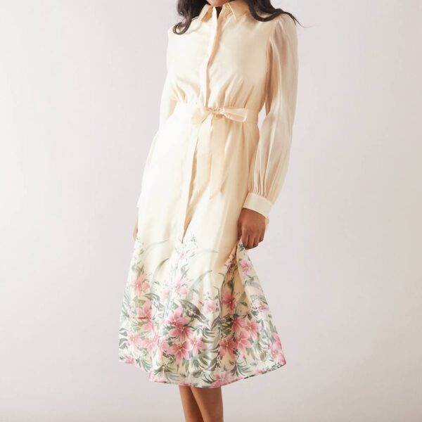 Womens Floral Organza Belted Shirt Dress