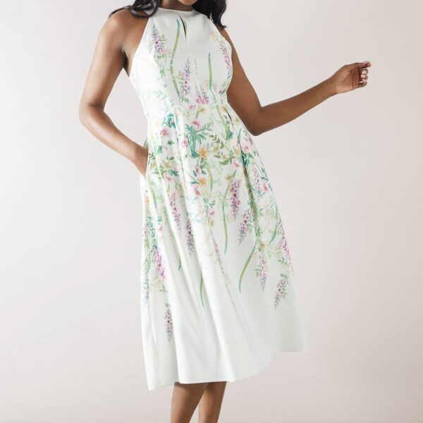 Womens Printed Twill Peplum Midi Dress