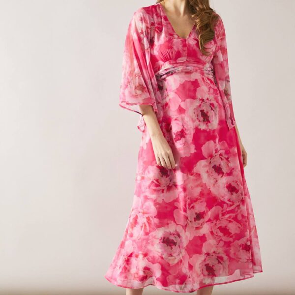 Womens Floral Split Sleeve Ruched Midi Dress