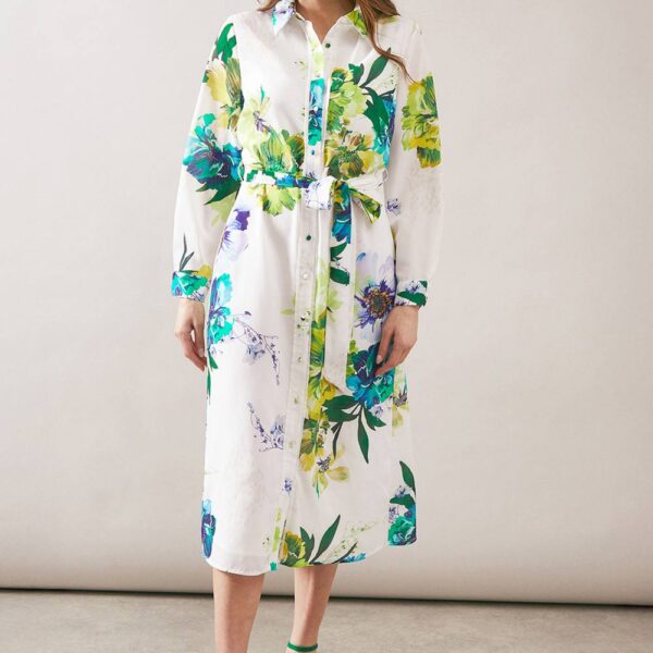 Womens Premium Floral Belted Shirt Dress