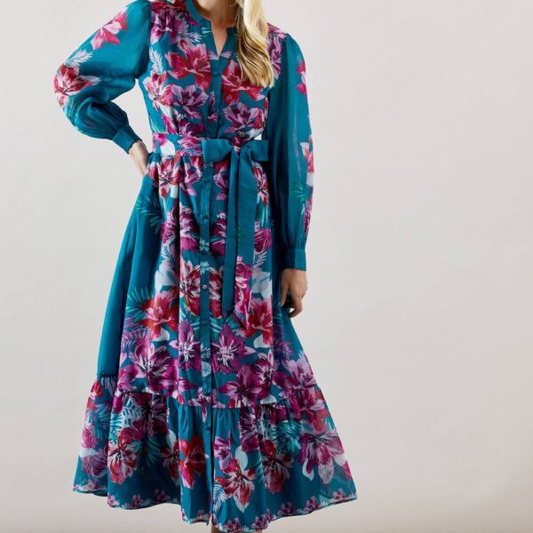 Womens Petite Floral Organza Collarless Shirt Dress