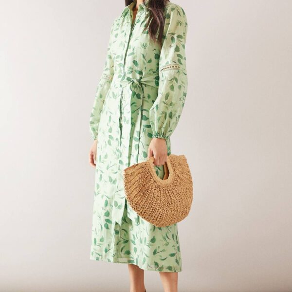 Womens Organza Printed Midi Shirt Dress