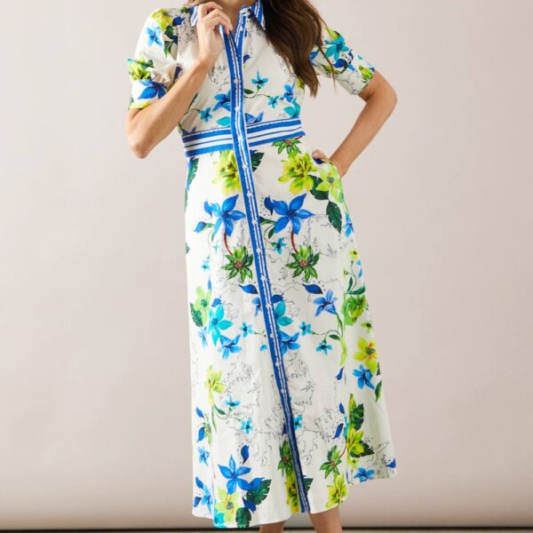 Womens Floral Print Button Midi Shirt Dress