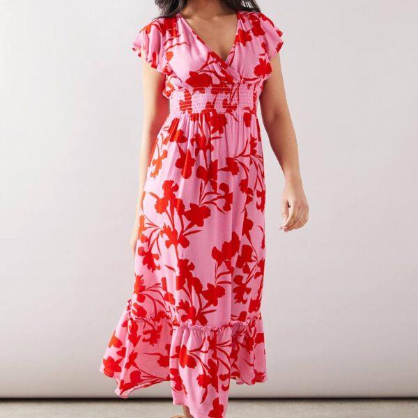Womens Petite Ruffle Sleeve Shirred Waist Midaxi Dress