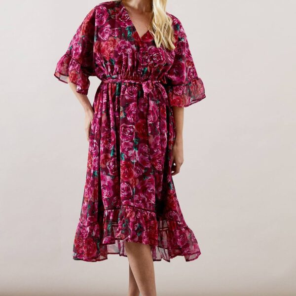 Womens Petite Occasion Floral Belted Chiffon Midi Dress
