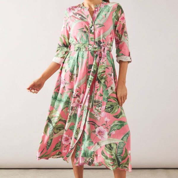 Womens Printed Viscose Linen Midi Shirt Dress