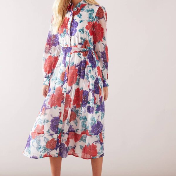 Womens Petite Ivory Floral Organza Shirt Midi Dress