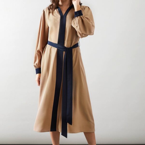 Womens Petite Contrast Belted Shirt Midi Dress