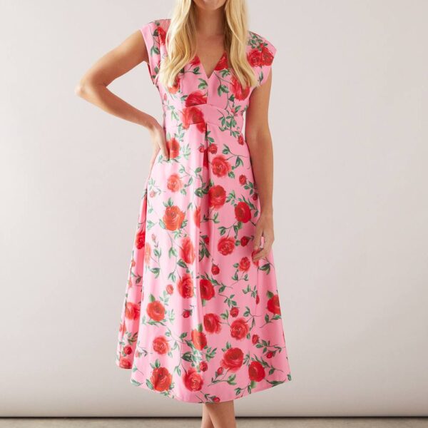 Womens Petite Floral Print Twill Midi Dress