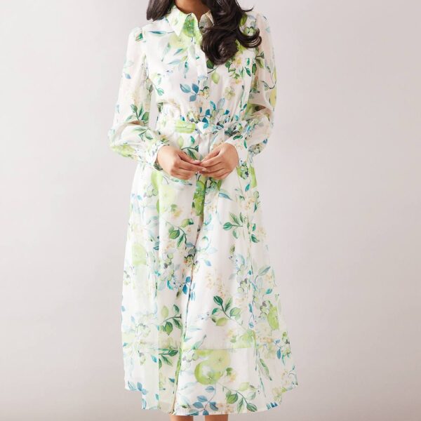 Womens Petite Fruit Print Organza Belted Shirt Dress
