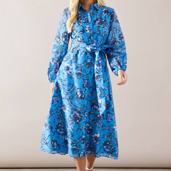Womens Petite Floral Organza Printed Midi Shirt Dress