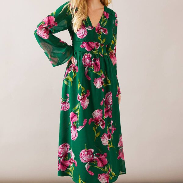 Womens Petite Printed Flare Sleeve Viscose Midaxi Dress