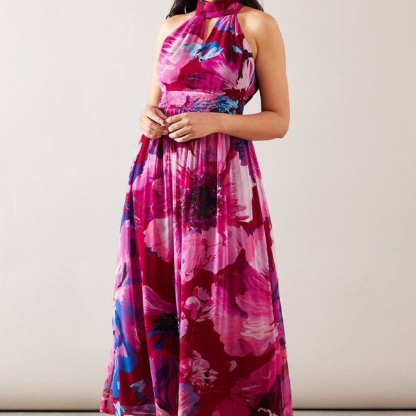 Womens Petite Floral Print Viscose Tie Neck Midi Dress