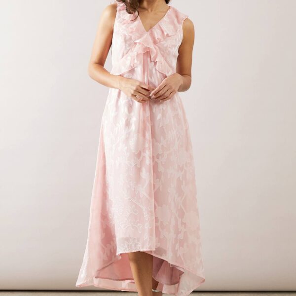 Womens Petite Floral Jacquard Ruffle Hi-Low Midi Dress