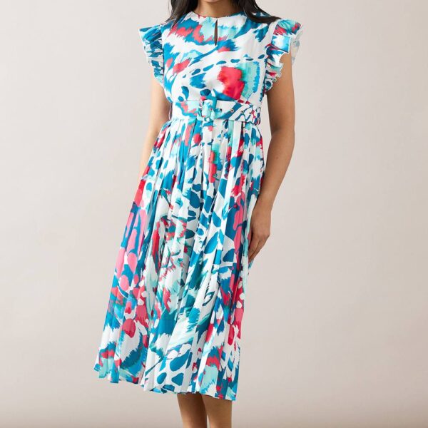 Womens Petite Butterfly Pleated Midi Dress