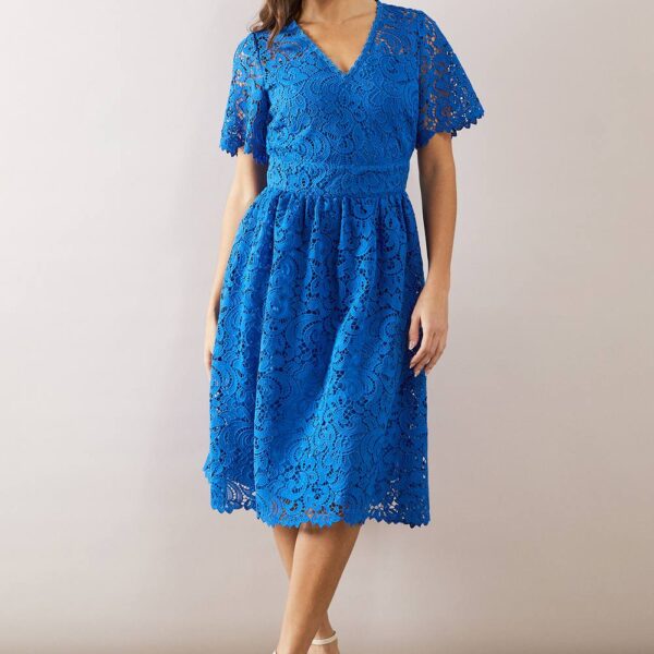 Womens Petite Lace Puff Seam Detail Midi Dress
