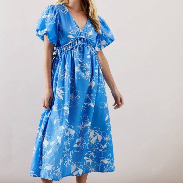 Womens Petite Floral Ruched Waist Midi Dress