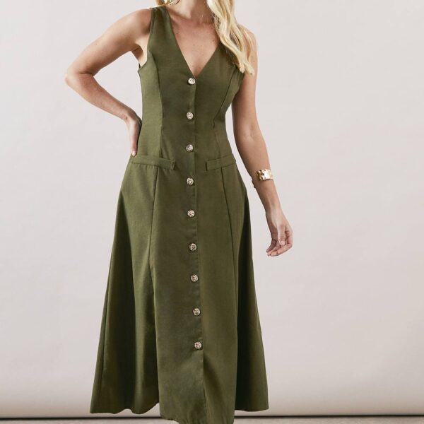 Womens Petite Linen Button Through Midi Dress