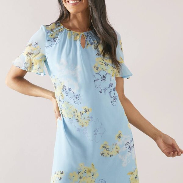 Womens Ruffle Sleeve Button Detail Shift Dress