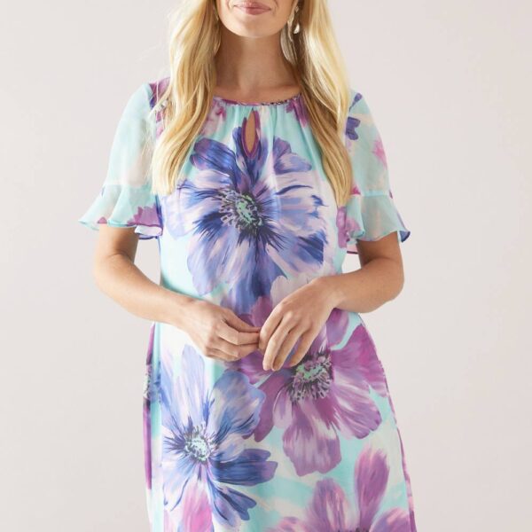 Womens Petite Floral Ruffle Sleeve Button Shift Dress