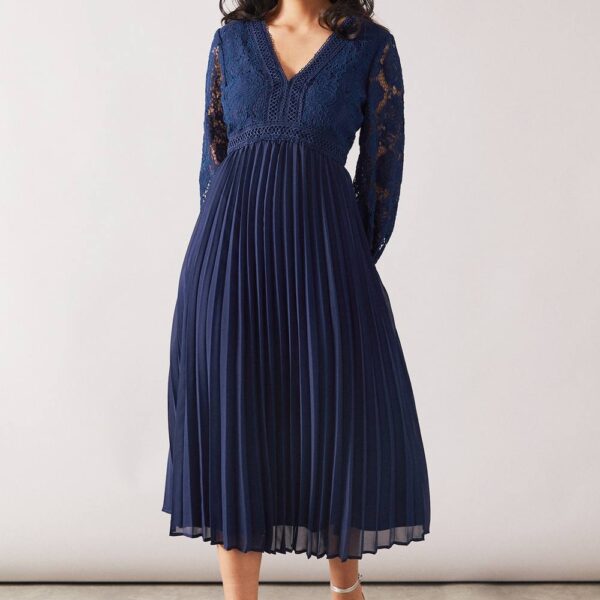 Womens Petite Lace Pleated Skirt Midi Dress